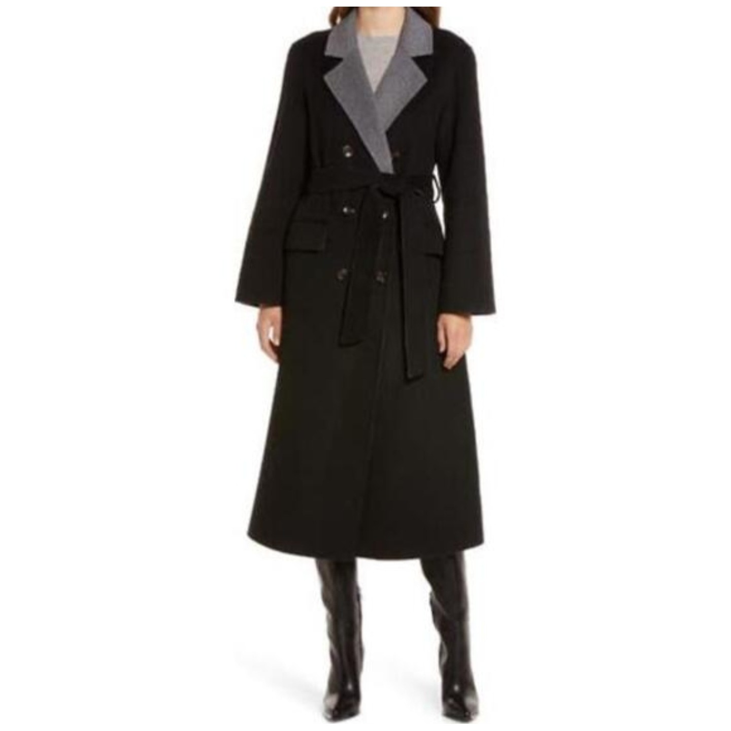 Nordstrom Womens Double Breasted Wool Blend Belted Overcoat Black Grey Medium